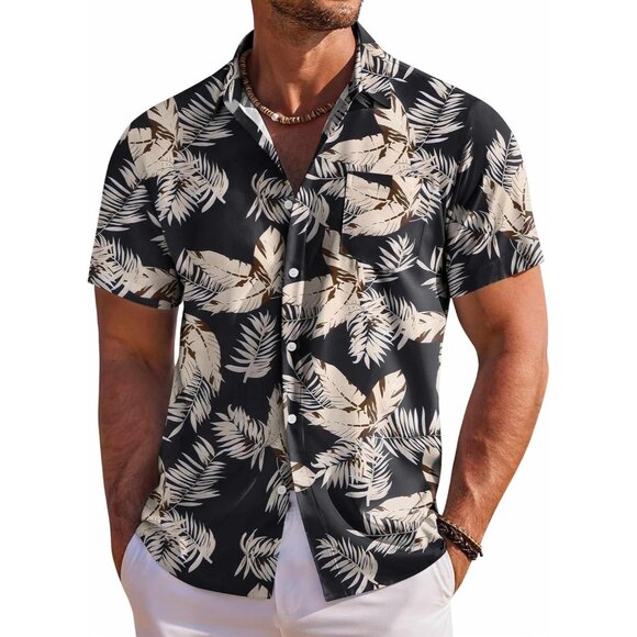 Men's Black Hawaiian Shirt Short Sleeve Button Down Shirts